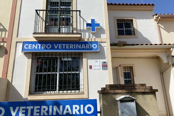 Fachada exterior de Centro Veterinario Ciudad Jardín con cruz veterinaria azul