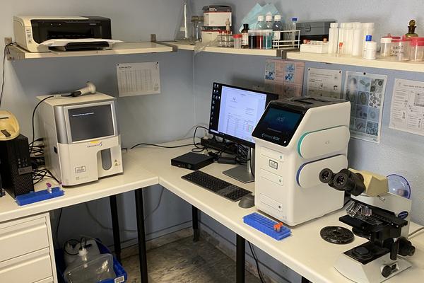 Laboratorio interno con microscopio y analizador hematológico